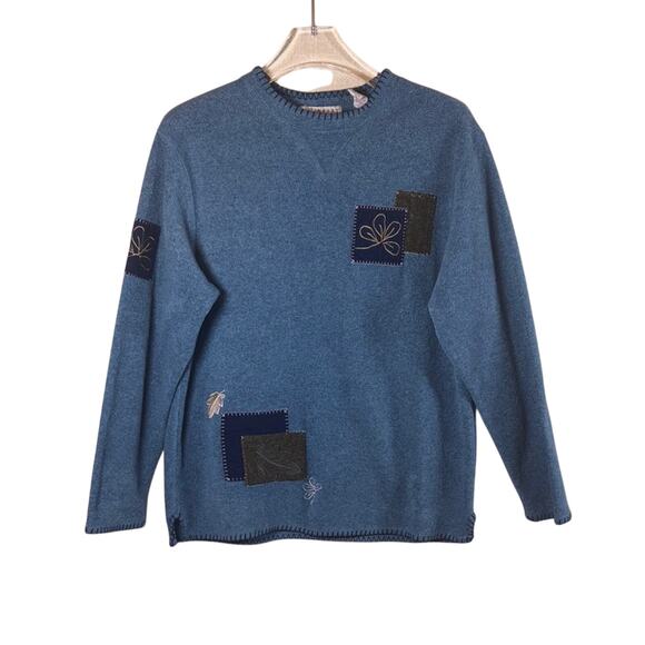 Vintage 90s Classic Blue Patchwork Crew Neck Sweater Petite Medium - Picture 1 of 6